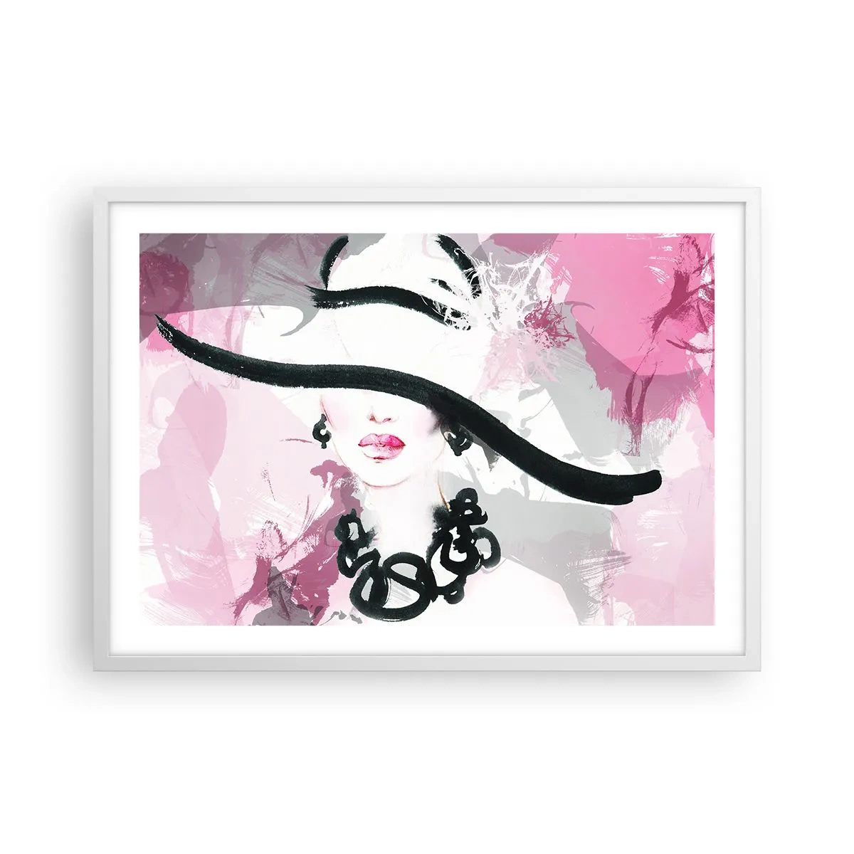 Plakat w białej ramie - Portret damy w czerni i różu - 70x50 cm