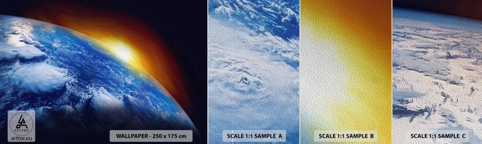 Fototapeta Próbka Premium Sand - Wschód słońca nad błękitną planetą - Abstrakcja, 3D, Kosmos - 100x30 cm