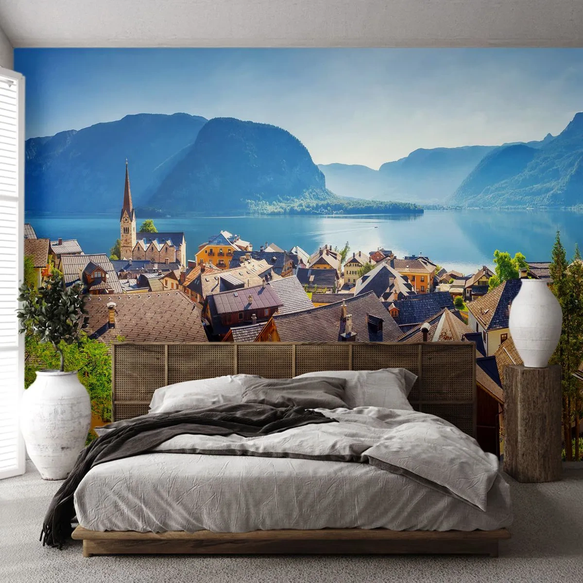 Fototapeta Premium Sand - Malownicze górskie miasteczko nad jeziorem - 100x70cm - Bardziej malowniczo się nie da - Nowoczesna dekoracja ścienna do salonu, kuchni i sypialni ARTTOR