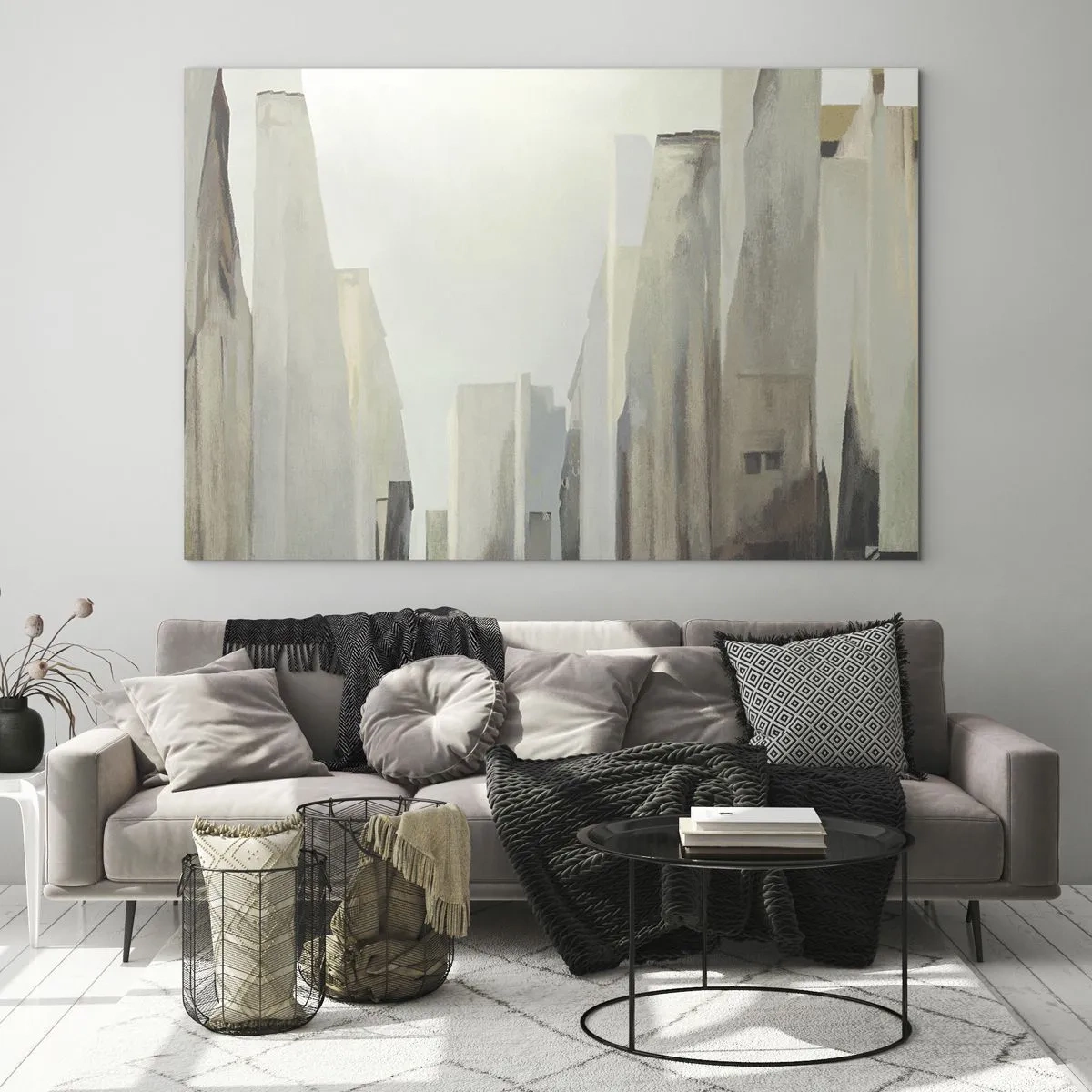 Obraz na szkle - Abstrakcyjna wizja miejskich budynków w stonowanej palecie - 70x50cm - Sen o mieście - Nowoczesna dekoracja ścienna do salonu i sypialni ARTTOR
