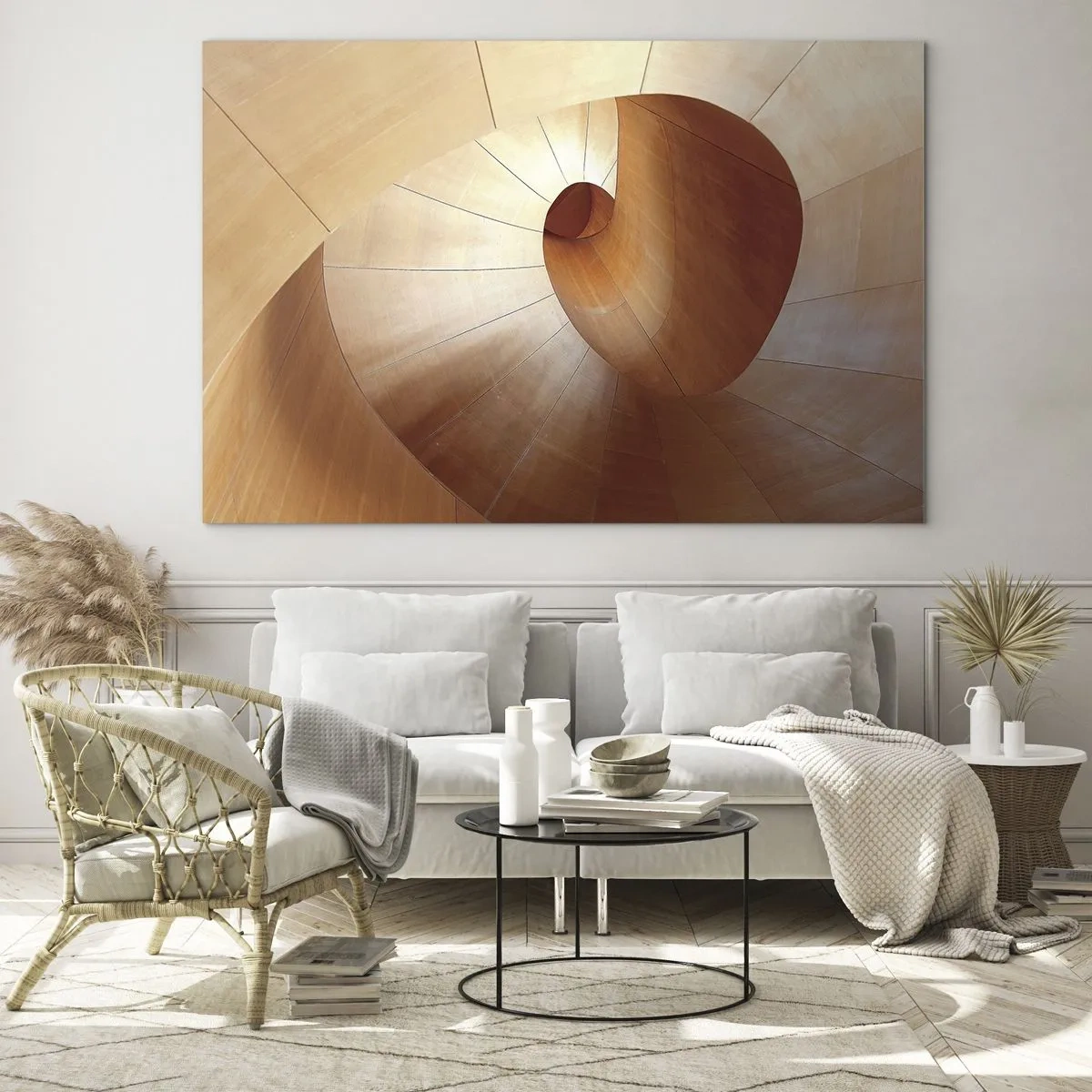Obraz na szkle - Drewniana spiralna konstrukcja architektoniczna w ciepłych barwach - 70x50cm - Architektoniczna serpentyna - Nowoczesna dekoracja ścienna do salonu i sypialni ARTTOR