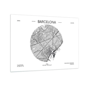 Obraz na szkle - Minimalistyczna mapa Barcelony w czarno-białej estetyce - 70x50cm - Anatomia Barcelony - Nowoczesna dekoracja ścienna do salonu i sypialni ARTTOR