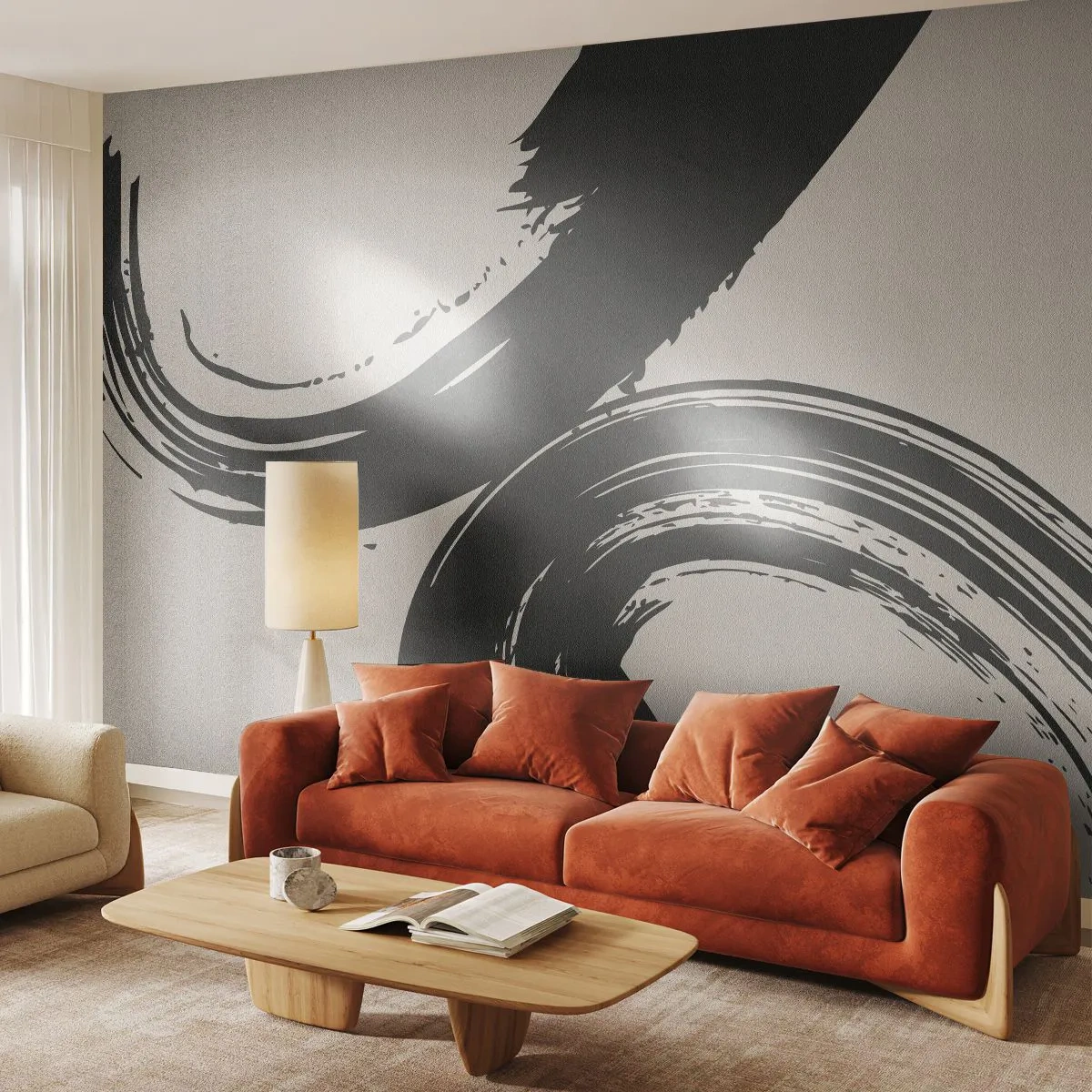 Fototapeta Premium Sand - Czarne, zamaszyste pociągnięcia pędzla na beżowym tle - 100x70cm - Zamaszyście i koliście - Nowoczesna dekoracja ścienna do salonu, kuchni i sypialni ARTTOR