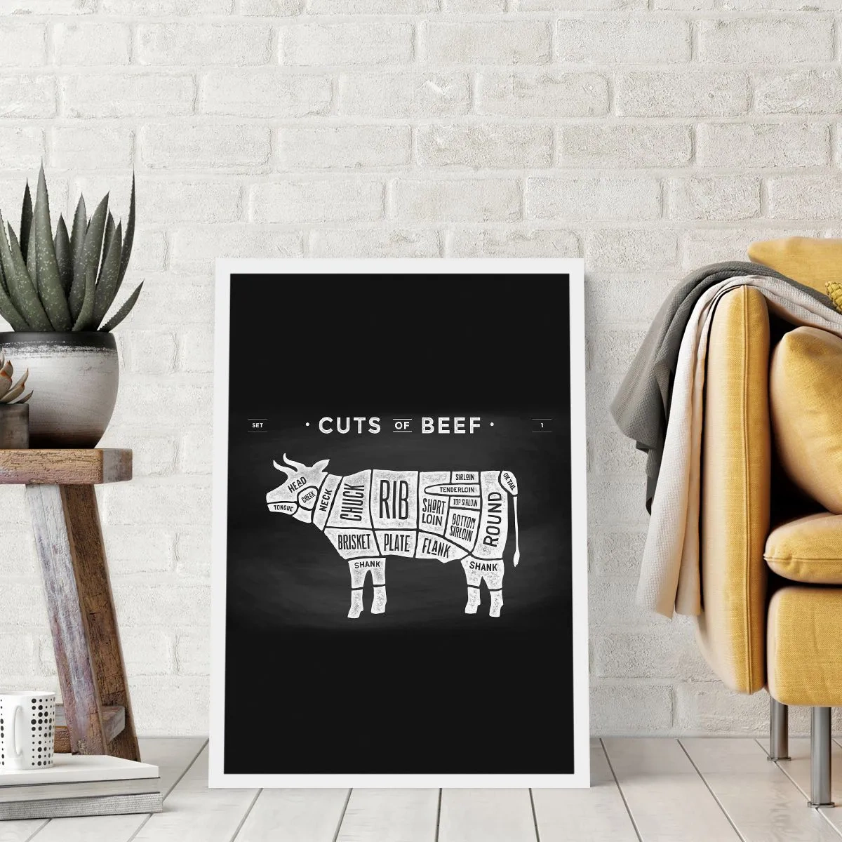 Plakat - Schemat cięć wołowych na czarnym tle w stylu retro - 50x70cm - Elementarz masarza - Nowoczesna dekoracja ścienna do salonu, kuchni i sypialni ARTTOR