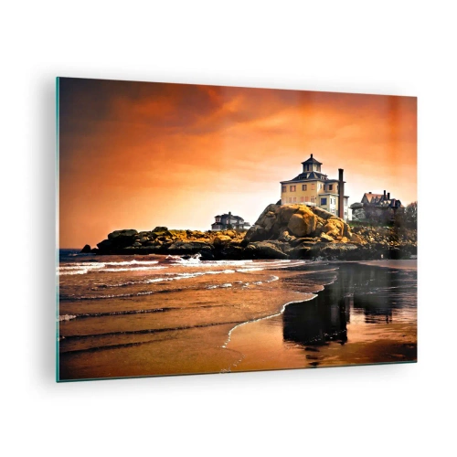 Obraz na szkle - Dom na klifie z widokiem na morze o zachodzie słońca - 70x50cm - Elegancja zachodniego wybrzeża - Nowoczesna dekoracja ścienna do salonu i sypialni ARTTOR