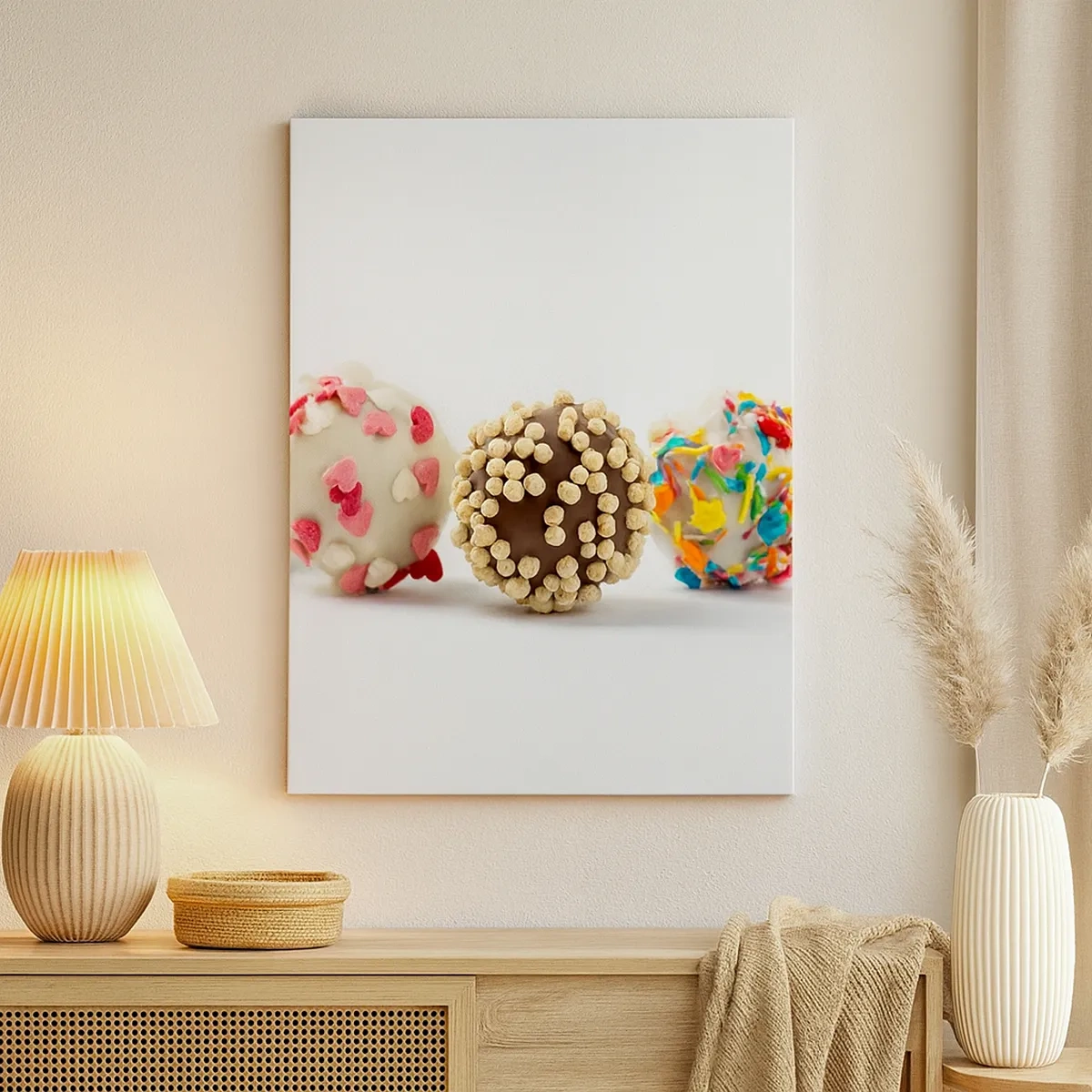 Obraz na płótnie - Kolorowe praliny w ozdobnej polewie - 50x70cm - Życie może być słodkie - Nowoczesna dekoracja ścienna do salonu, kuchni i sypialni ARTTOR