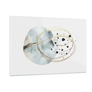 Obraz na szkle - Abstrakcyjna kompozycja z błękitną plamą i złotymi liniami - 120x80cm - W objęciach przestrzeni - Nowoczesna dekoracja ścienna do salonu, kuchni i sypialni ARTTOR