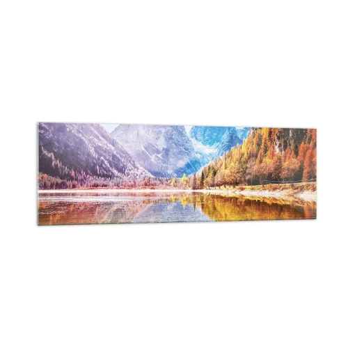 Obraz na szkle - Jesienny krajobraz górski z jeziorem - 160x50cm - A w górach już jesień - Nowoczesna dekoracja ścienna do salonu i sypialni ARTTOR