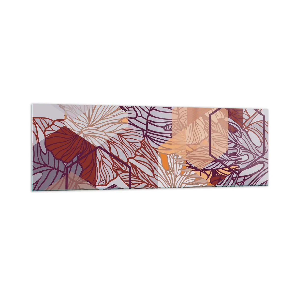 Obraz na szkle - Dekoracyjny wzór liści tropikalnych w odcieniach fioletu, pomarańczu i beżu - 160x50cm - Związek niemozliwy geometrii i natury - Nowoczesna dekoracja ścienna do salonu i sypialni ARTTOR