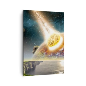 Obraz na płótnie - Zderzenie meteorytu z planetą w kosmicznym krajobrazie - 70x100cm - Kosmiczny dramat - Nowoczesna dekoracja ścienna do salonu i sypialni ARTTOR