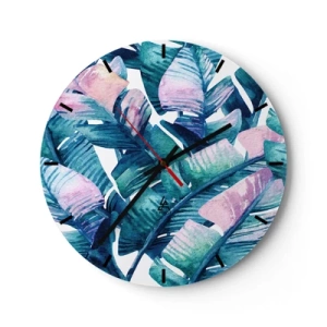 Zegar ścienny - Tropikalne liście w odcieniach zieleni i różu - 30x30cm - W bananowym gaju - Nowoczesna dekoracja ścienna do salonu, kuchni i sypialni ARTTOR