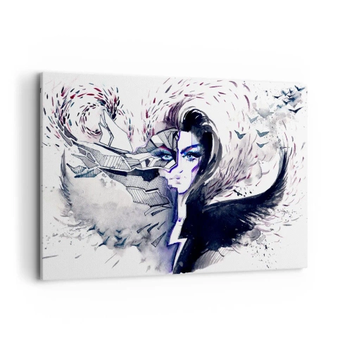 Obraz na płótnie - Abstrakcyjna twarz z kontrastowymi elementami i motywem skrzydeł - 120x80cm - Demoniczna i piękna - Nowoczesna dekoracja ścienna do salonu, kuchni i sypialni ARTTOR