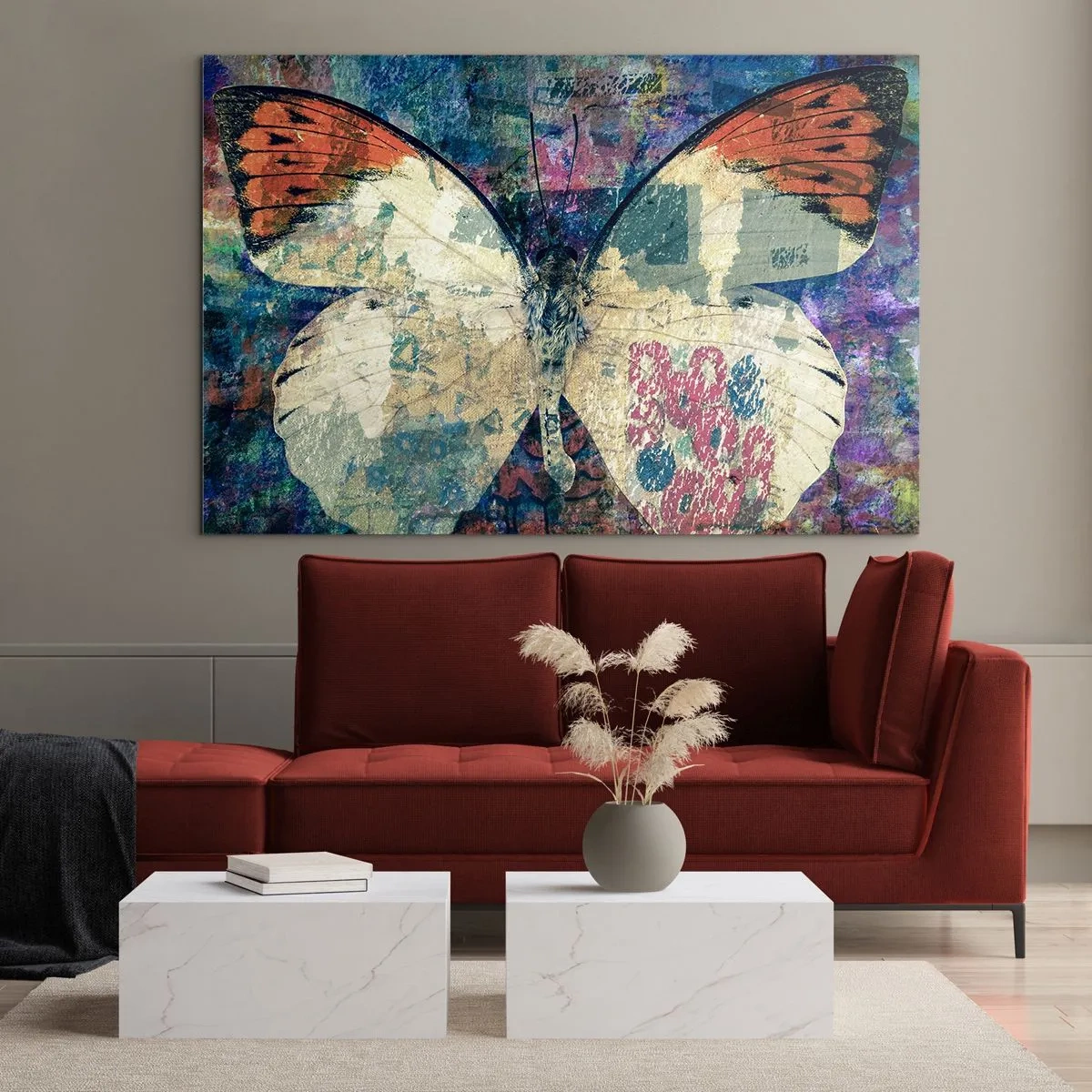 Obraz na szkle - Kolorowy motyl na abstrakcyjnym tle w odcieniach niebieskiego i pomarańczowego - 100x70cm - Subtelna kruchość - Nowoczesna dekoracja ścienna do salonu, kuchni i sypialni ARTTOR