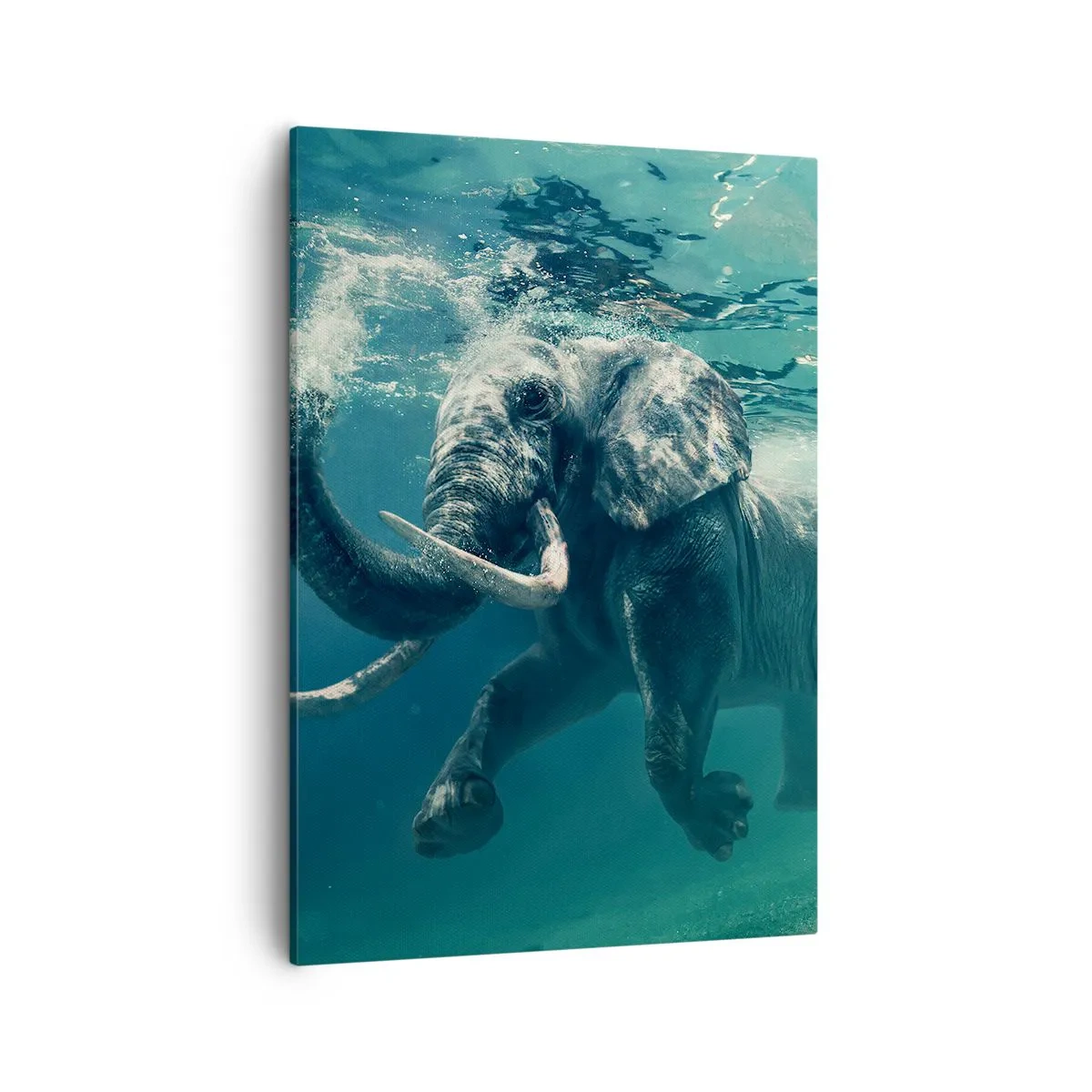 Obraz na płótnie - Słoń pływający pod wodą w turkusowym oceanie - 50x70cm - Wszyscy lubią pływać - Nowoczesna dekoracja ścienna do salonu, kuchni i sypialni ARTTOR