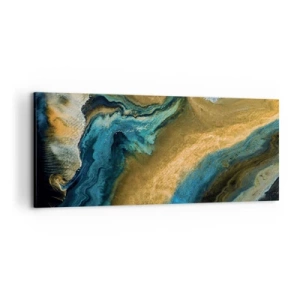 Obraz na płótnie - Abstrakcyjne fale w odcieniach złota i niebieskiego - 120x50cm - Niebieski – zółty – wzajemne wpływy - Nowoczesna dekoracja ścienna do salonu i sypialni ARTTOR