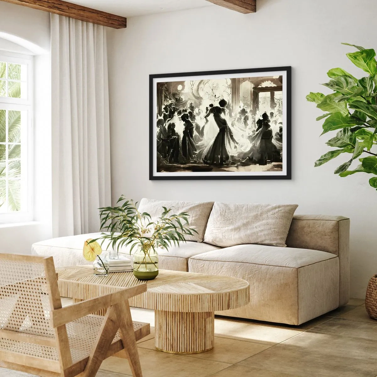 Plakat w czarnej ramie - Bal w stylu retro w tonacji czarno-białej - 70x50cm - Wielka maskarada - Nowoczesna dekoracja ścienna do salonu i sypialni ARTTOR