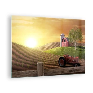 Obraz na szkle - Zachód słońca nad farmą z polem i traktorem - 70x50cm - Farma jak z bajki - Nowoczesna dekoracja ścienna do salonu i sypialni ARTTOR