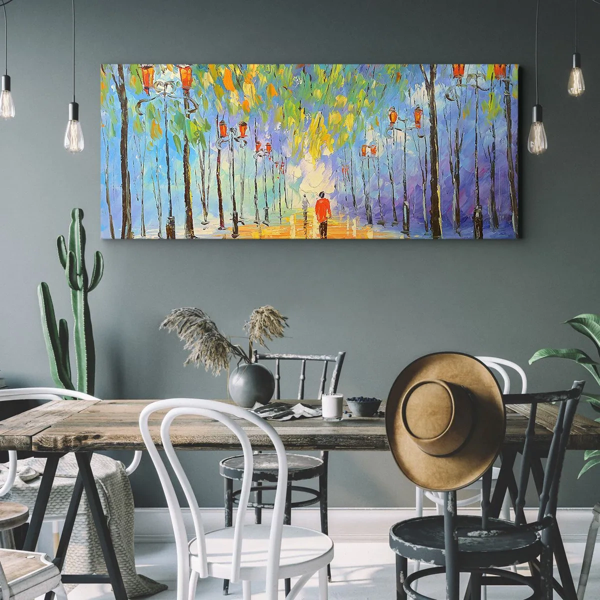 Obraz na płótnie - Malowniczy spacer wśród latarni w deszczową noc - 160x50cm - Nocna piosenka deszczu - Nowoczesna dekoracja ścienna do salonu i sypialni ARTTOR