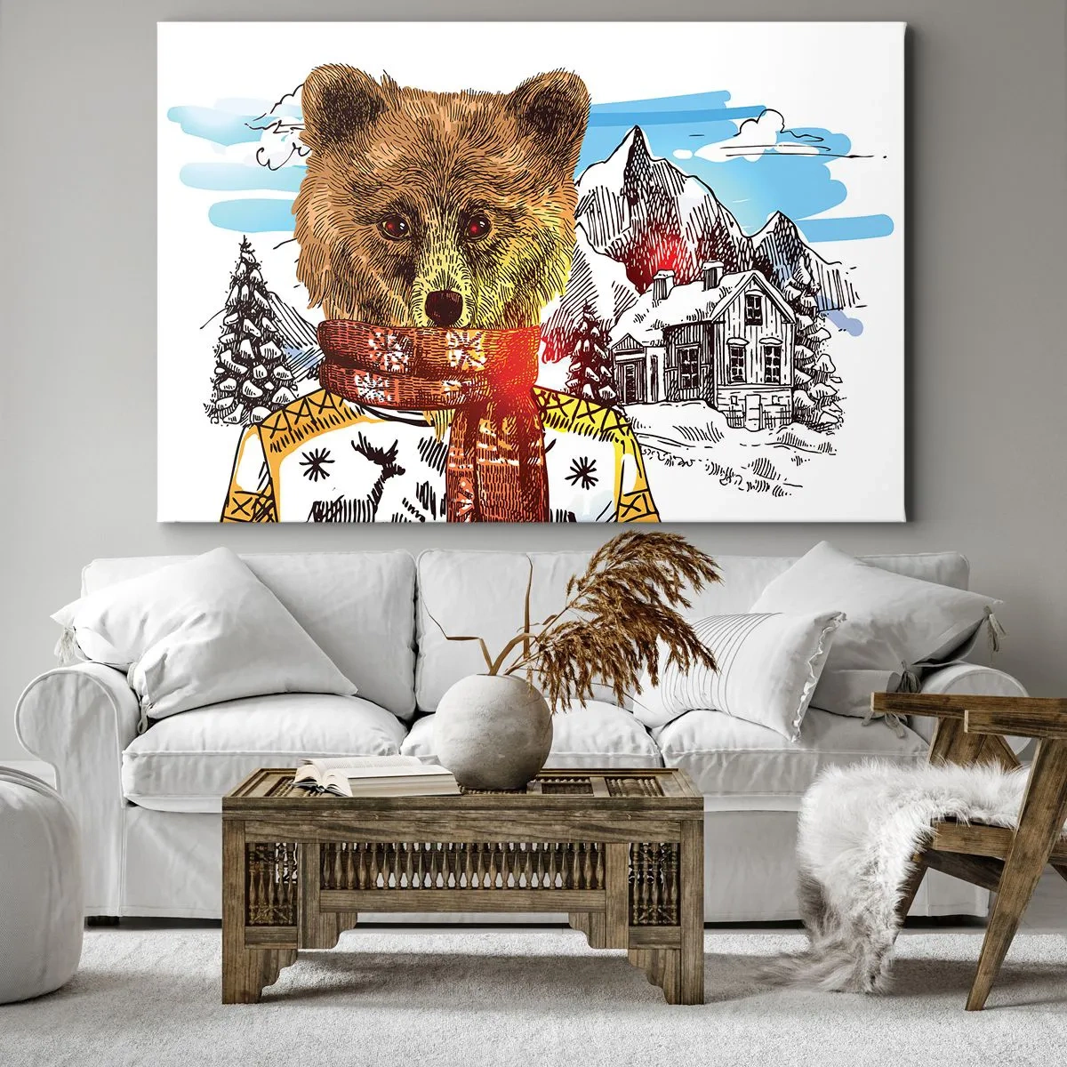 Obraz na płótnie - Niedźwiedź w swetrze i szaliku na tle górskiego domu - 120x80cm - Chatka niedźwiadka - Nowoczesna dekoracja ścienna do salonu, kuchni i sypialni ARTTOR