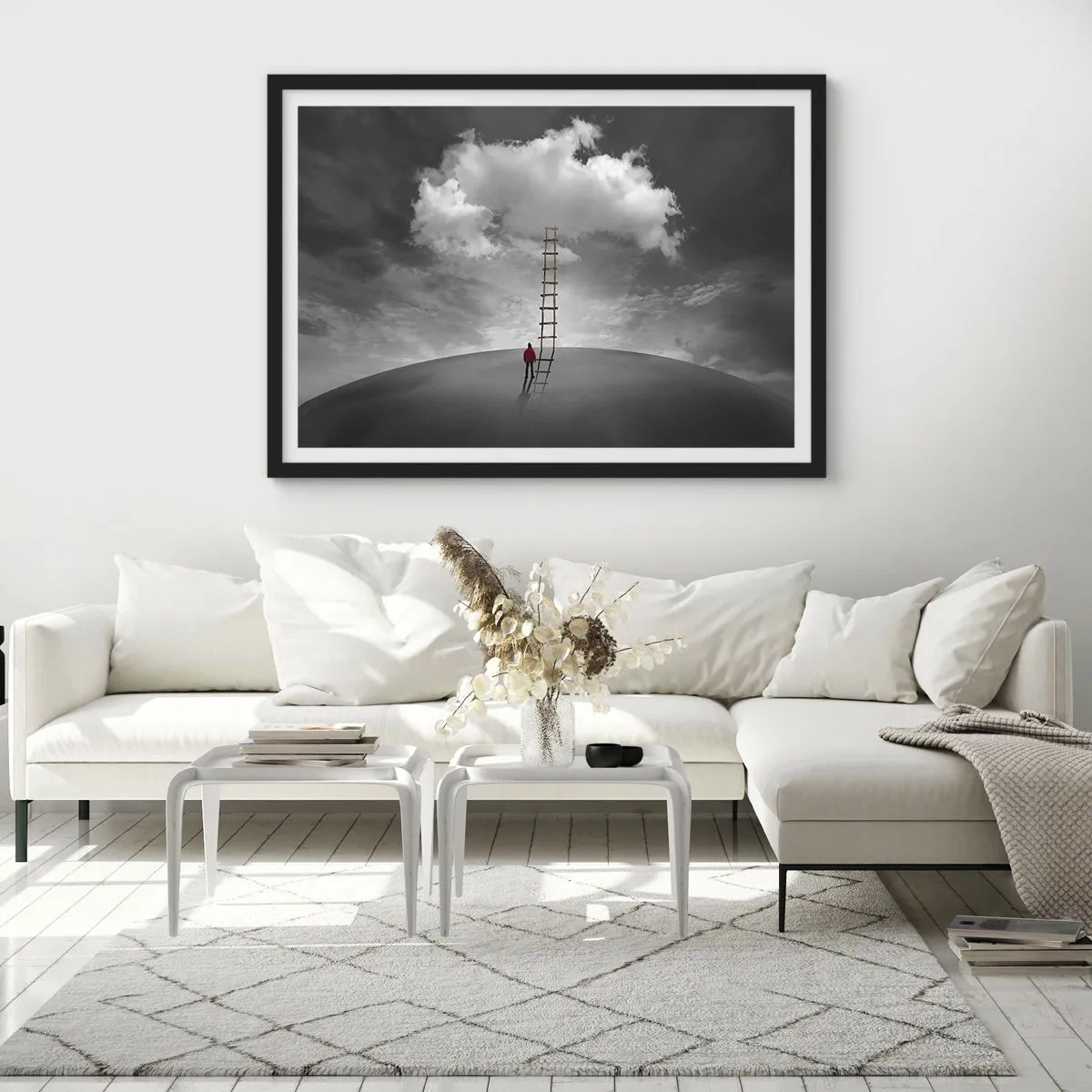 Plakat w czarnej ramie - Osoba w czerwonym płaszczu i drabina prowadząca do chmury - 70x50cm - Wszystko możliwe - Nowoczesna dekoracja ścienna do salonu i sypialni ARTTOR