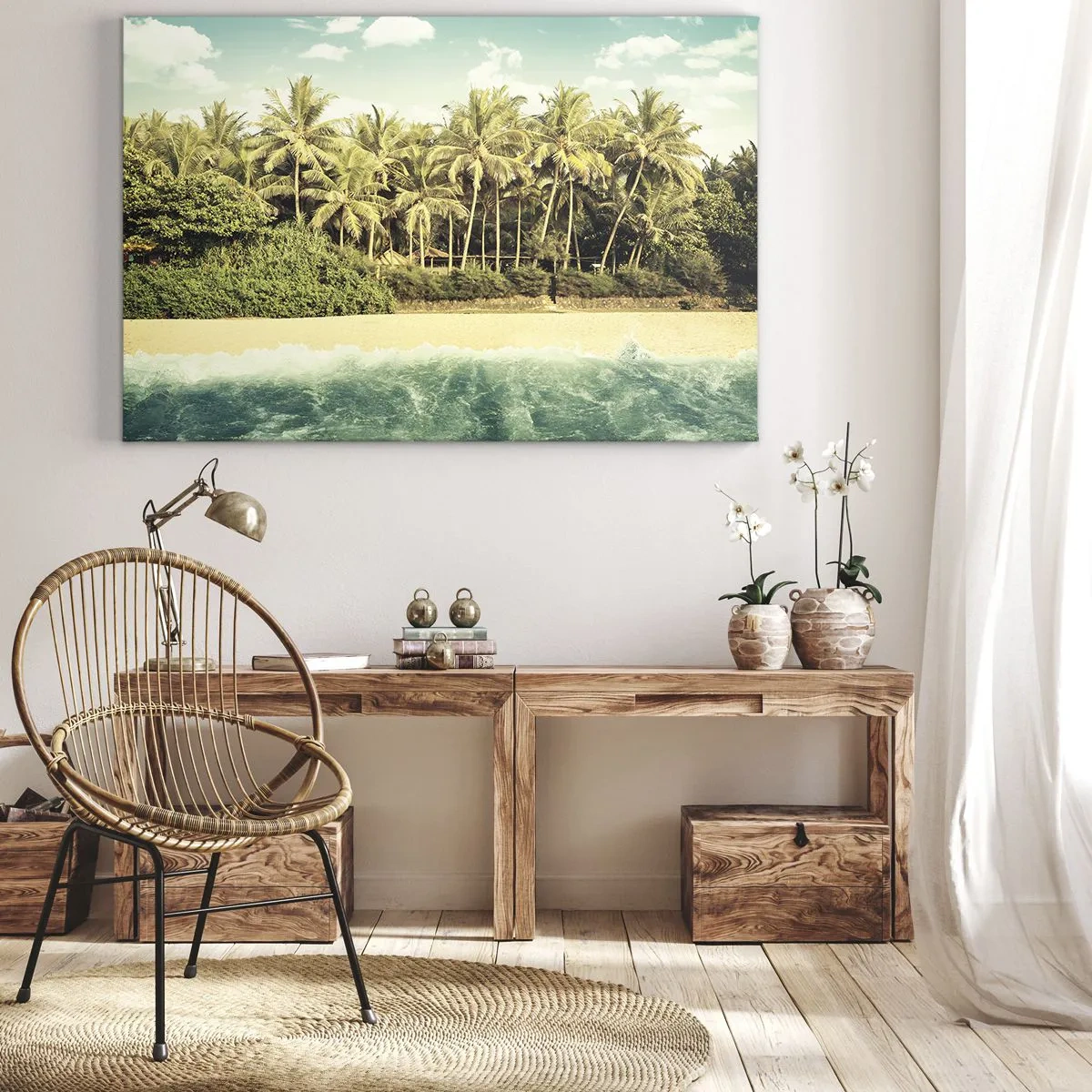 Obraz na płótnie - Tropikalna plaża z palmami i turkusowym morzem - 70x50cm - A może tutaj? - Nowoczesna dekoracja ścienna do salonu i sypialni ARTTOR