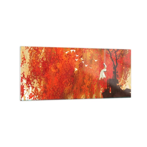 Obraz na szkle - Postać na huśtawce przy drzewie otoczonym czerwonymi liśćmi - 120x50cm - Poleci z nimi? - Nowoczesna dekoracja ścienna do salonu i sypialni ARTTOR