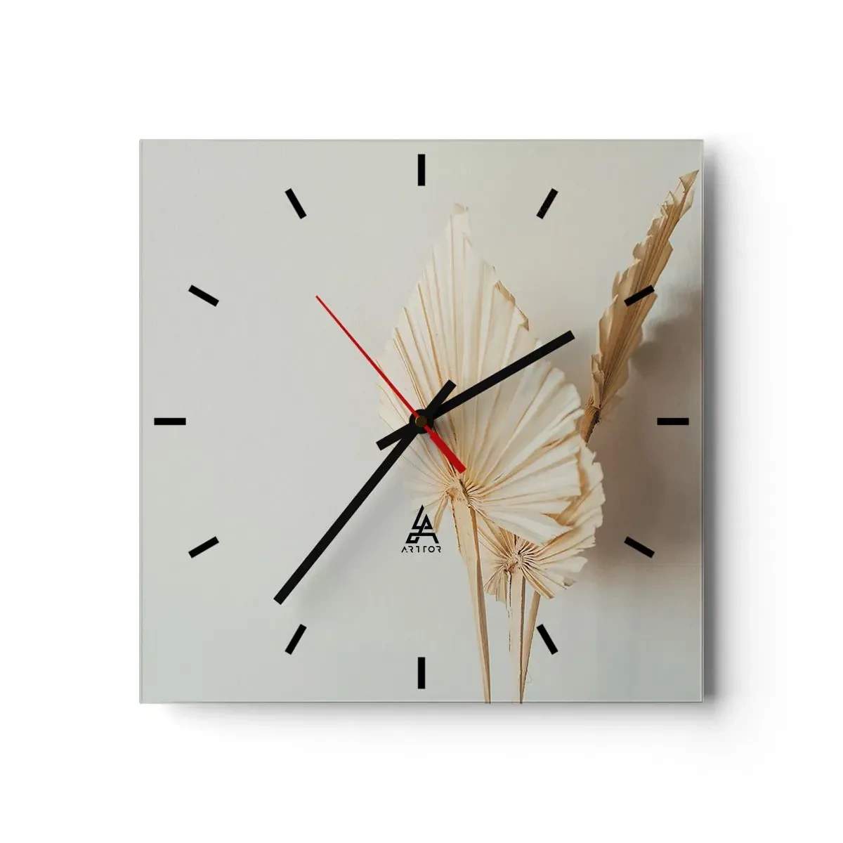 Zegar ścienny - Suszone liście palmowe w minimalistycznej aranżacji - 30x30cm - Gdy potrzebne ukojenie - Nowoczesna dekoracja ścienna do salonu i sypialni ARTTOR