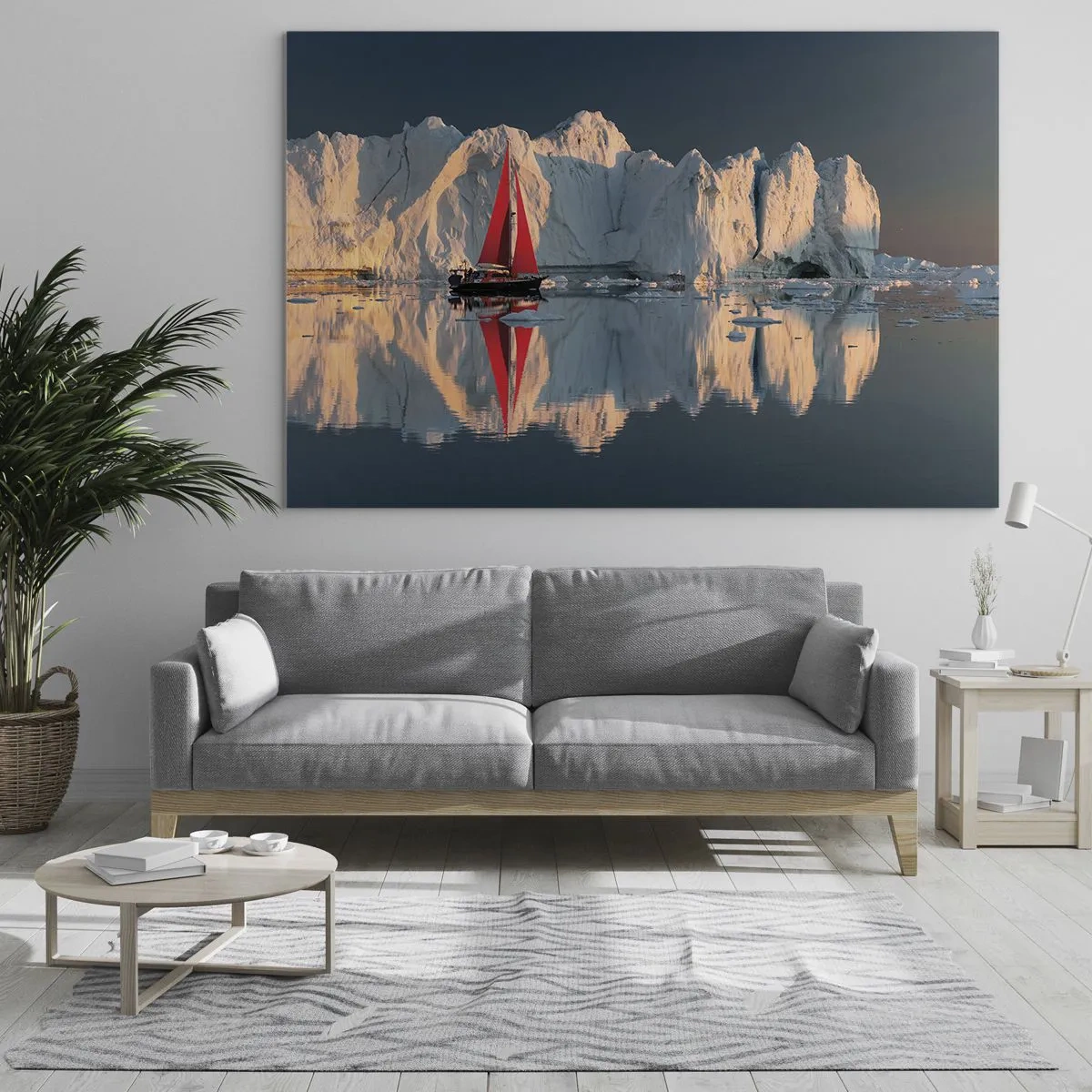 Obraz na szkle - Żaglówka z czerwonym żaglem przy górach lodowych o zachodzie - 70x50cm - Na krańcu świata - Nowoczesna dekoracja ścienna do salonu i sypialni ARTTOR