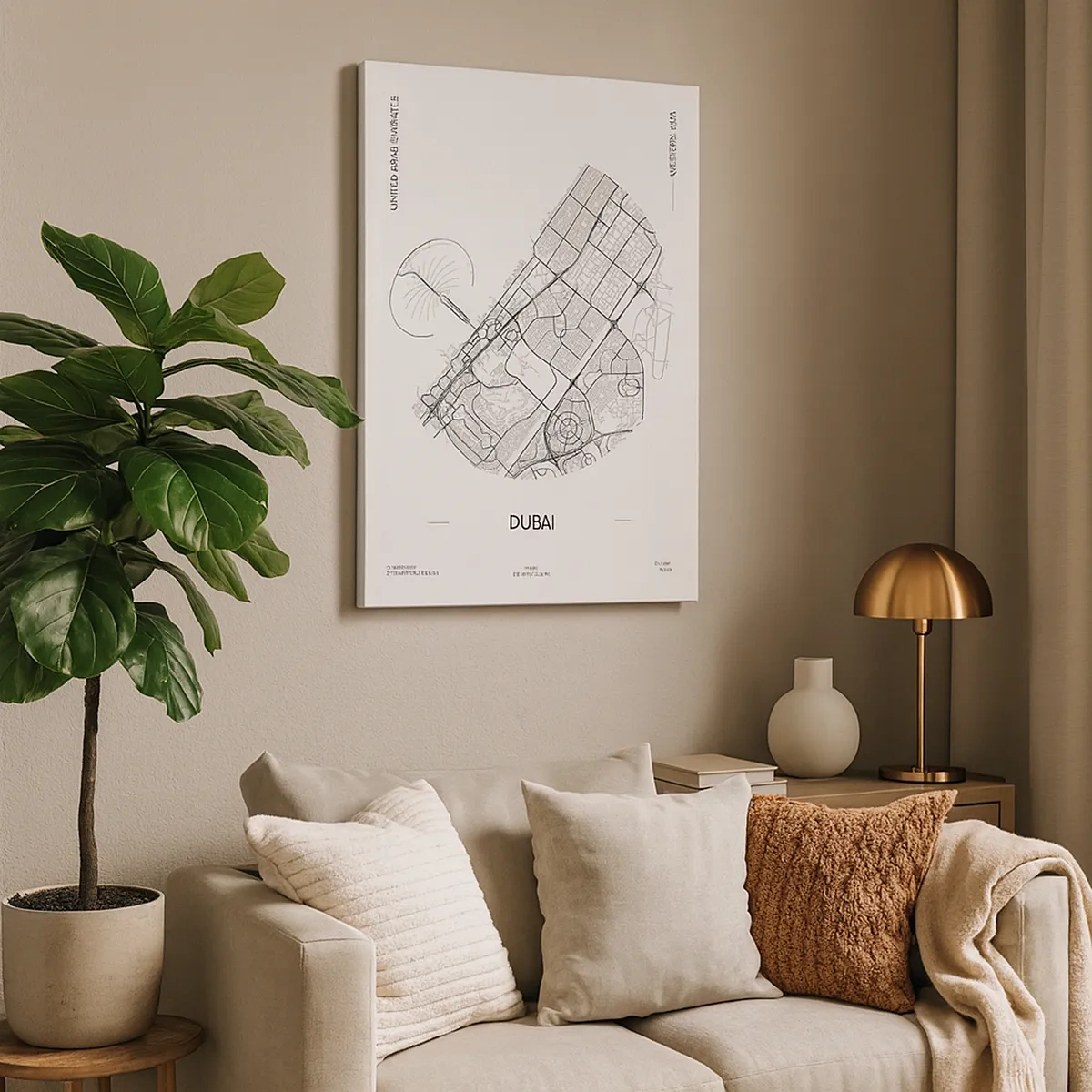 Obraz na płótnie - Minimalistyczna mapa Dubaju w czarno-białej stylistyce - 50x70cm - Anatomia Dubaju - Nowoczesna dekoracja ścienna do salonu, kuchni i sypialni ARTTOR