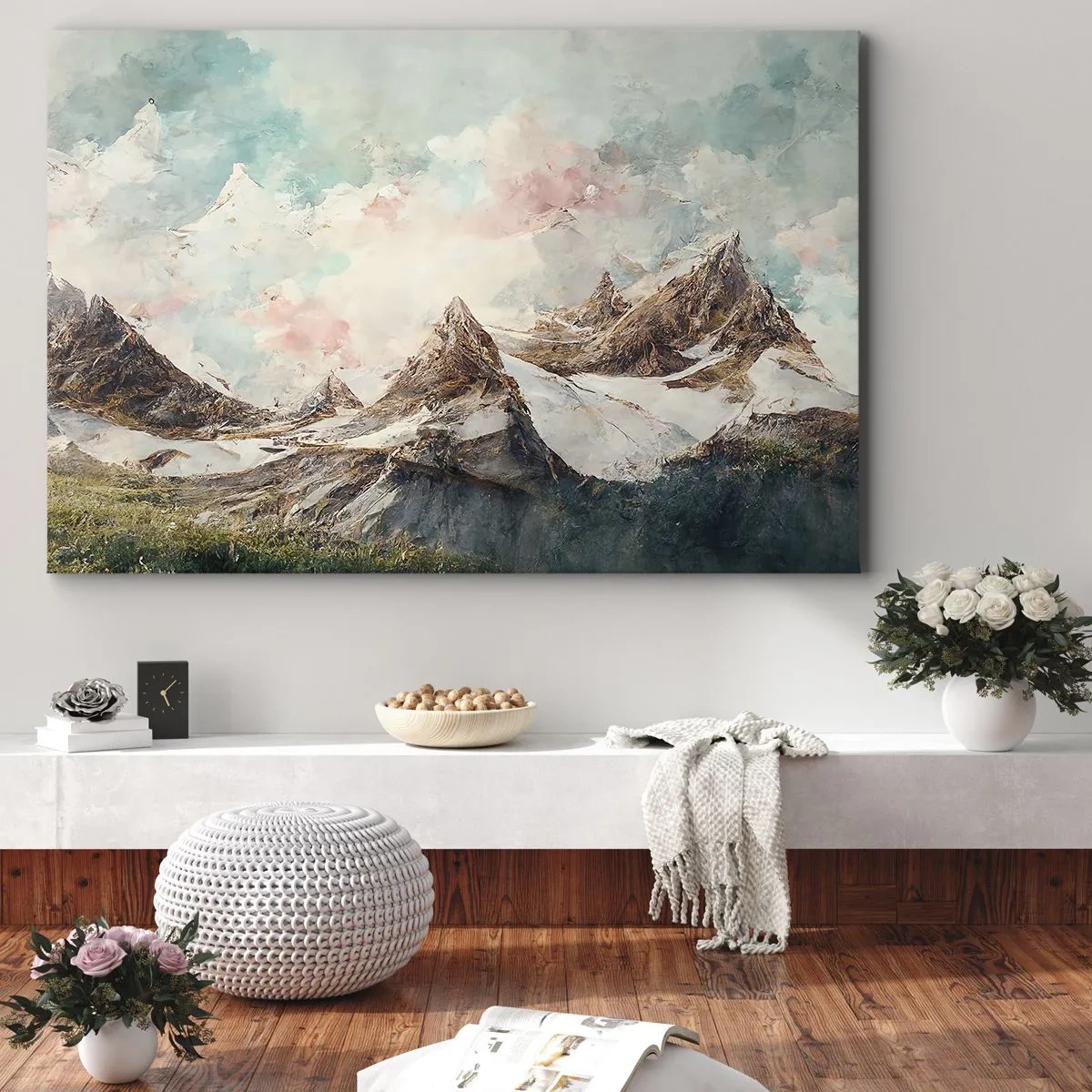 Obraz na płótnie - Malownicze góry z pastelowym niebem - 70x50cm - Skalne ostrza - Nowoczesna dekoracja ścienna do salonu i sypialni ARTTOR