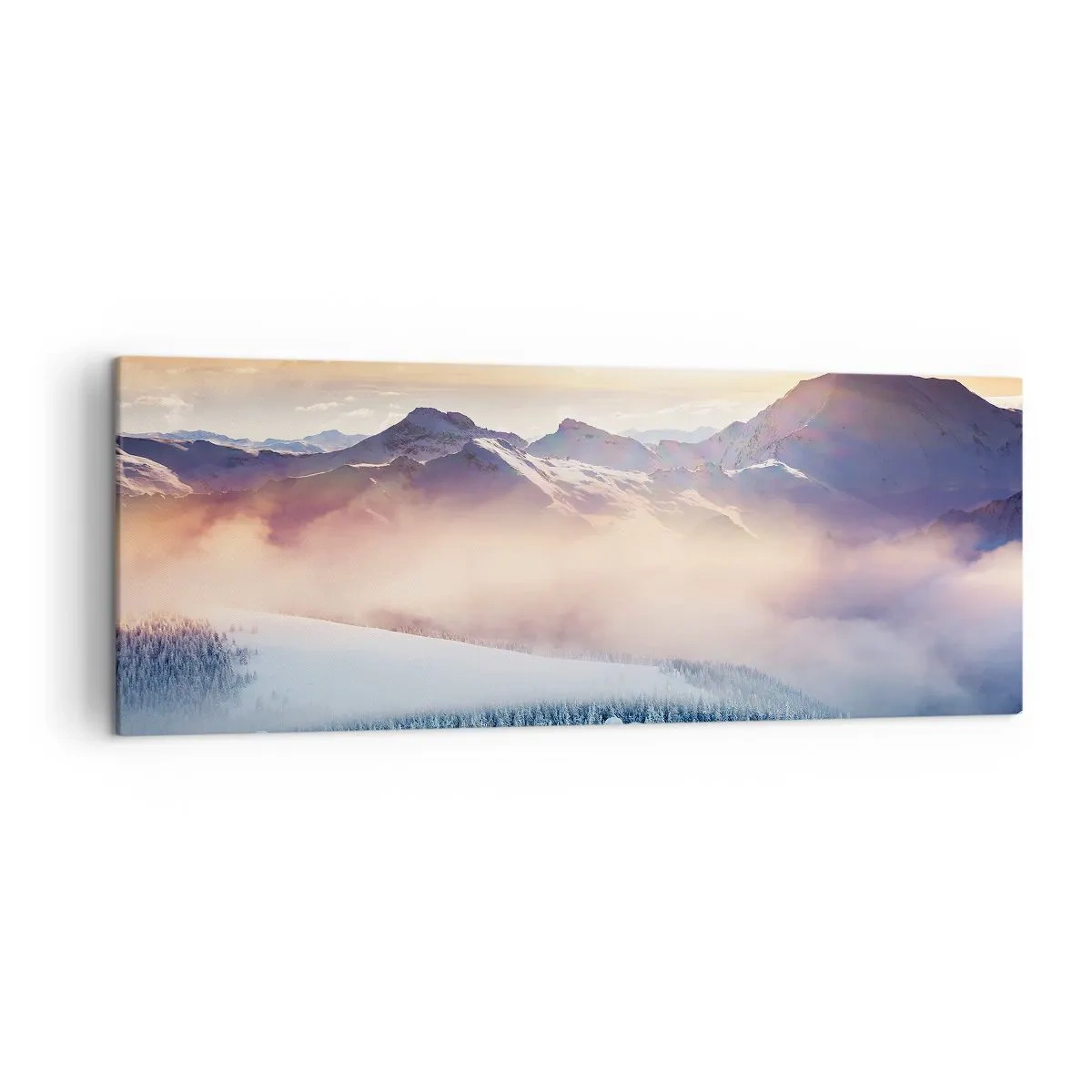 Obraz na płótnie - Zaśnieżone góry o świcie z kolorowym niebem - 140x50cm - Siła i czystość natury - Nowoczesna dekoracja ścienna do salonu i sypialni ARTTOR