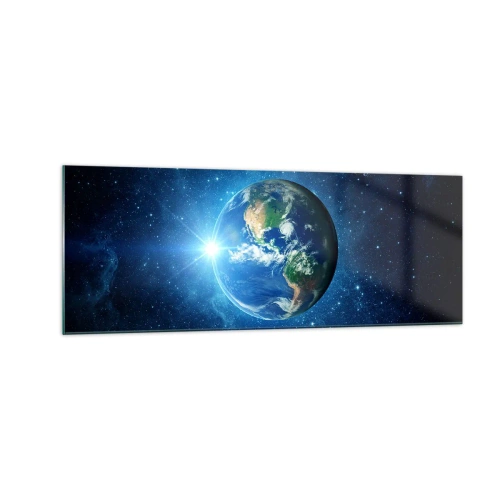 Obraz na szkle - Ziemia w kosmosie otoczona gwiazdami i światłem - 140x50cm - Jesteśmy w niebie - Nowoczesna dekoracja ścienna do salonu i sypialni ARTTOR