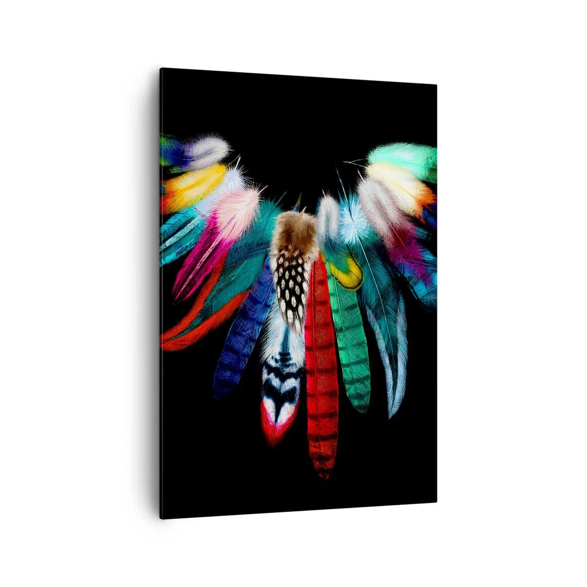 Obraz na płótnie - Kolorowe pióra na czarnym tle w artystycznej kompozycji - 70x100cm - Indiański naszyjnik - Nowoczesna dekoracja ścienna do salonu i sypialni ARTTOR