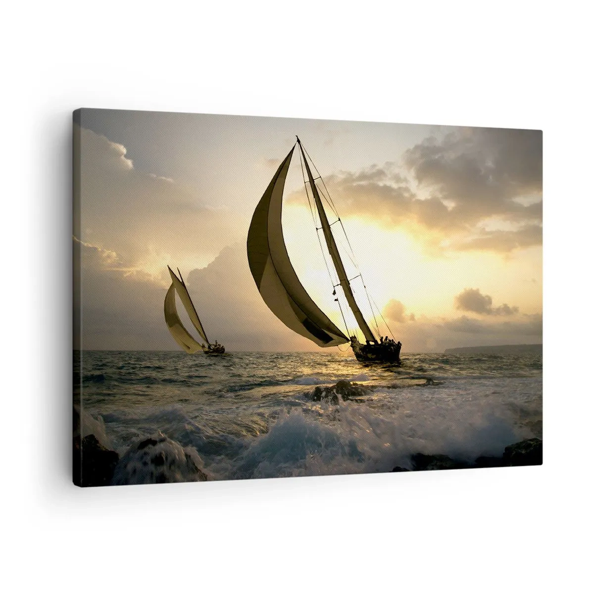 Obraz na płótnie - Żaglówki na morzu podczas zachodu słońca - 70x50cm - Z wiatrem i pod wiatr - Nowoczesna dekoracja ścienna do salonu i sypialni ARTTOR