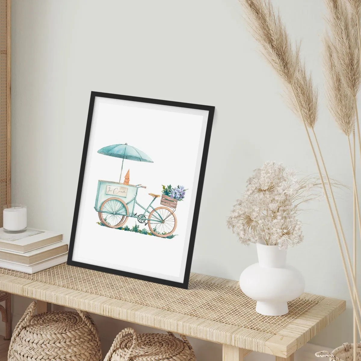 Plakat w czarnej ramie - Akwarelowa ilustracja roweru z lodami i kwiatami - 50x70cm - Słodkie wspomnienie lata - Nowoczesna dekoracja ścienna do salonu i sypialni ARTTOR