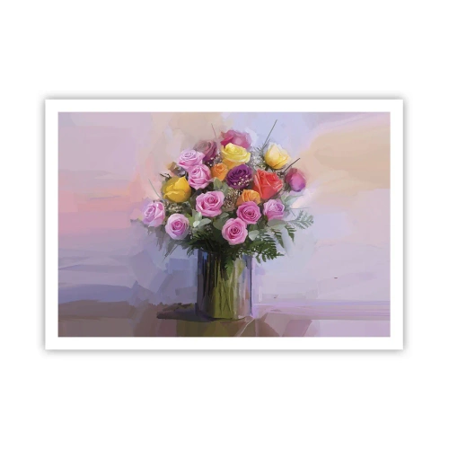 Plakat - Bukiet kolorowych róż w szklanym wazonie - 100x70cm - Zatrzymane piękno - Nowoczesna dekoracja ścienna do salonu i sypialni ARTTOR
