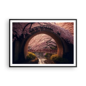 Plakat w czarnej ramie - Tradycyjny japoński most otoczony kwitnącymi wiśniami - 100x70cm - Japońska wiosna - Nowoczesna dekoracja ścienna do salonu i sypialni ARTTOR
