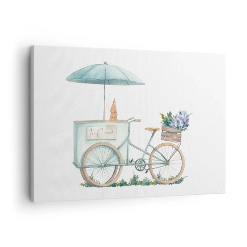 Obraz na płótnie - Słodkie wspomnienie lata - Rower z lodami i kwiatami pod parasolem w delikatnej pastelowej kolorystyce - 70x50cm