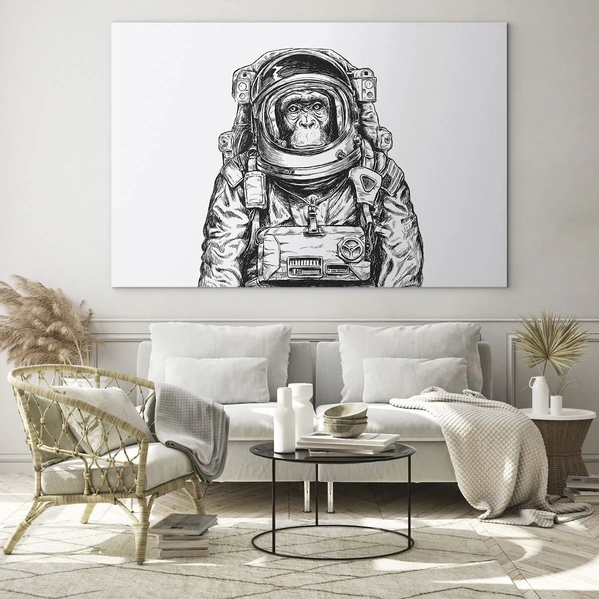 Obraz na szkle - Szkic małpy w stroju astronauty na białym tle - 70x50cm - Alternatywna ewolucja - Nowoczesna dekoracja ścienna do salonu i sypialni ARTTOR