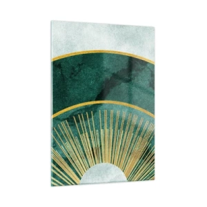 Obraz na szkle - Złote promienie na tle zielonych półokręgów o strukturze marmuru - 50x70cm - Inny układ słoneczny - Nowoczesna dekoracja ścienna do salonu, kuchni i sypialni ARTTOR