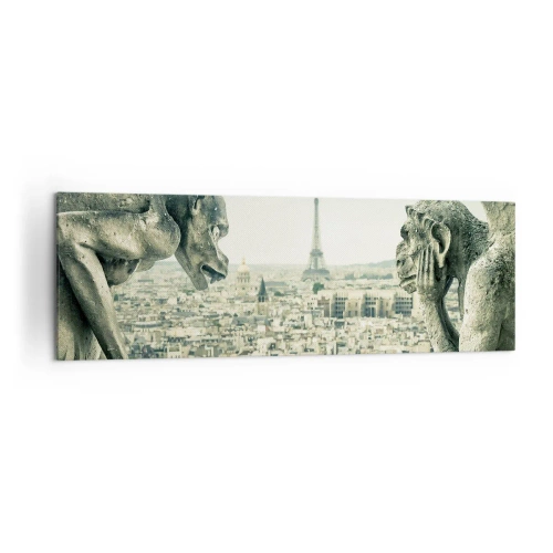 Obraz na płótnie - Gargulce z widokiem na panoramę Paryża i wieżę Eiffla - 160x50cm - Paryskie pogaduchy - Nowoczesna dekoracja ścienna do salonu i sypialni ARTTOR