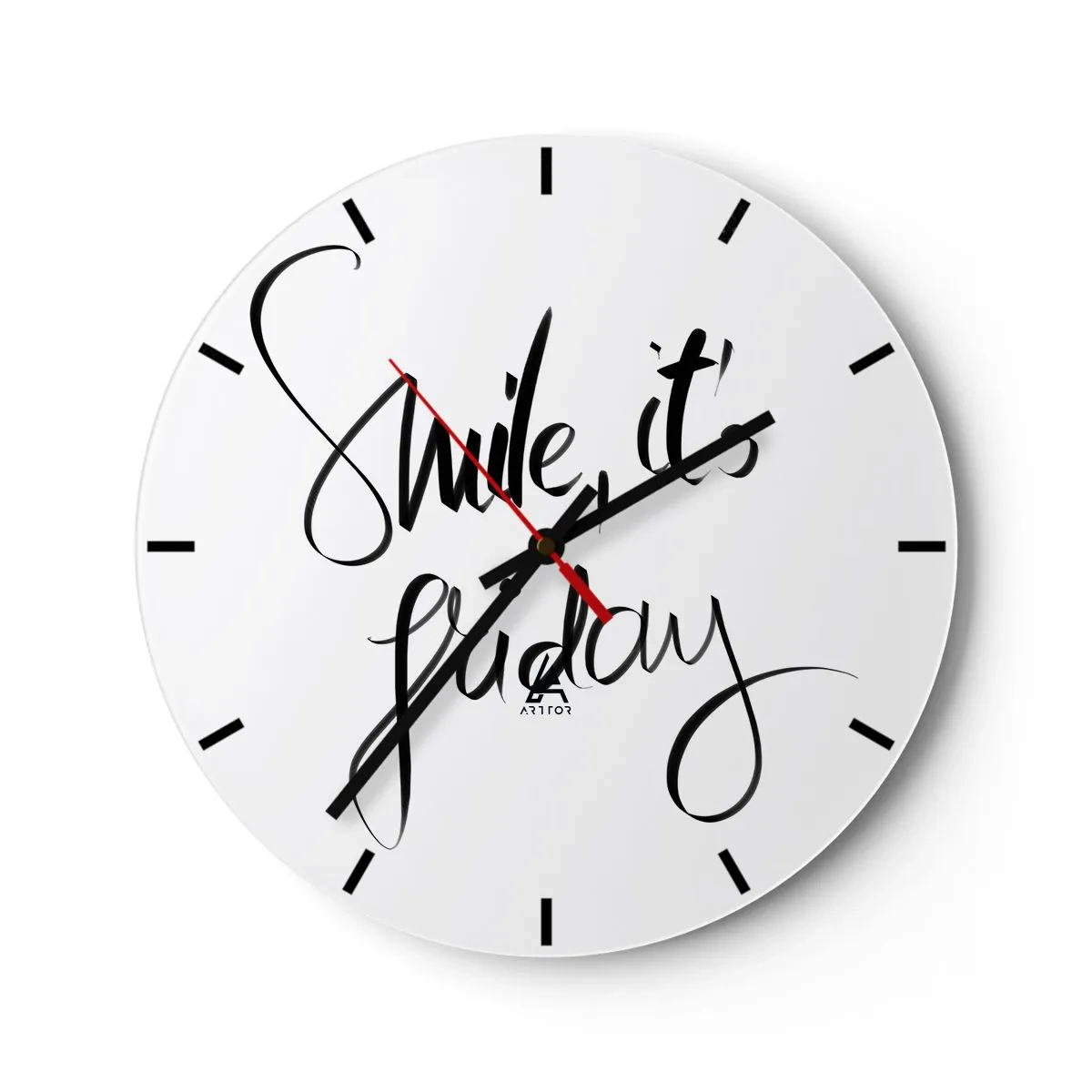 Zegar ścienny - Cytat Smile it’s Friday w stylowej czarno-białej grafice - 30x30cm - Prawdziwa radość - Nowoczesna dekoracja ścienna do salonu, kuchni i sypialni ARTTOR