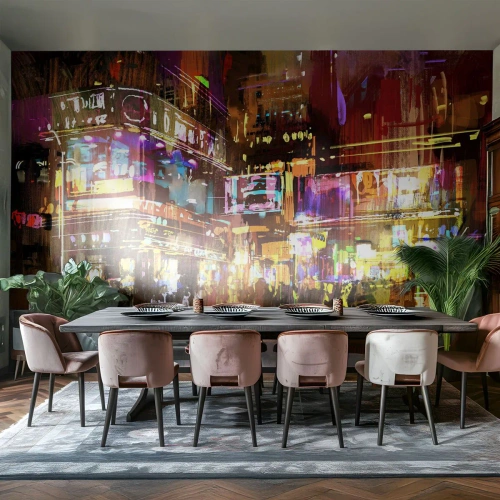 Fototapeta Premium Sand - Tętniące życiem miasto nocą w neonowych barwach - 100x70cm - W morzu światła - Nowoczesna dekoracja ścienna do salonu, kuchni i sypialni ARTTOR