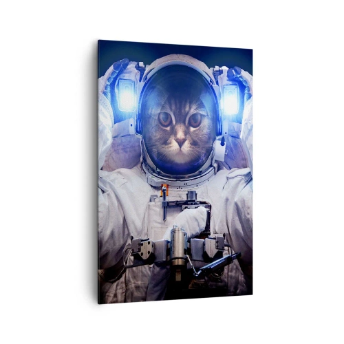 Obraz na płótnie - Kot w stroju astronauty z Ziemią w tle i jasnym światłem - 80x120cm - Houston, macie problem - Nowoczesna dekoracja ścienna do salonu i sypialni ARTTOR