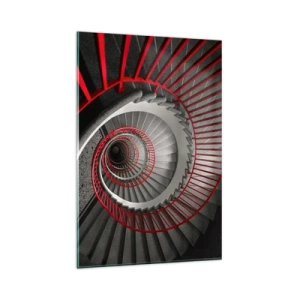 Obraz na szkle - Spiralne schody z czerwonymi poręczami w dynamicznej perspektywie - 80x120cm - Zabawy architektury - Nowoczesna dekoracja ścienna do salonu i sypialni ARTTOR