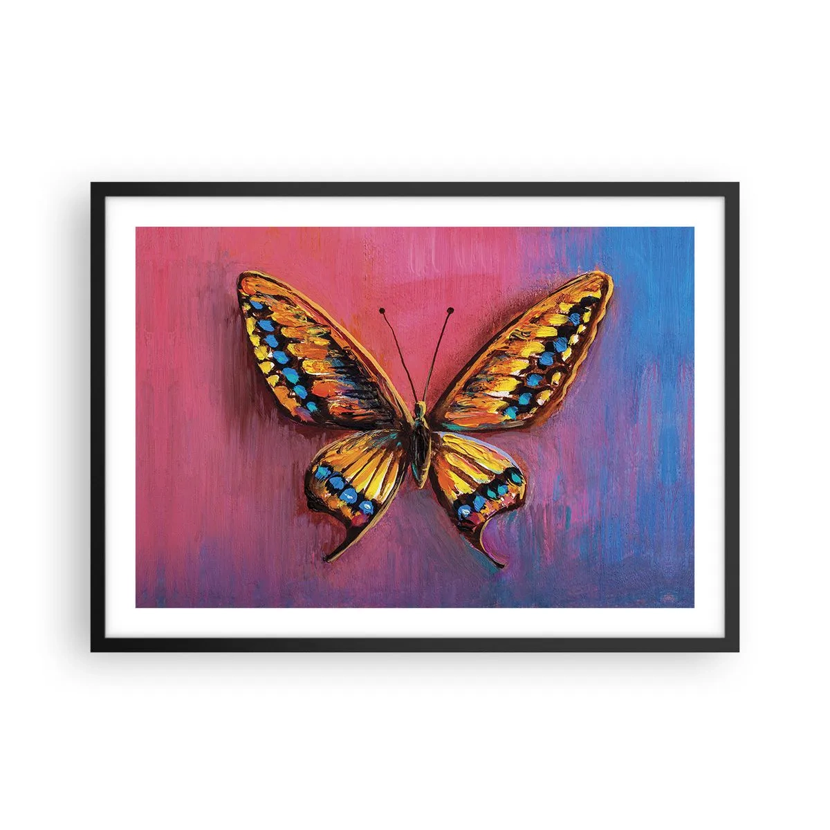 Plakat w czarnej ramie - Kolorowy motyl na abstrakcyjnym tle - 70x50cm - Klejnot natury - Nowoczesna dekoracja ścienna do salonu i sypialni ARTTOR