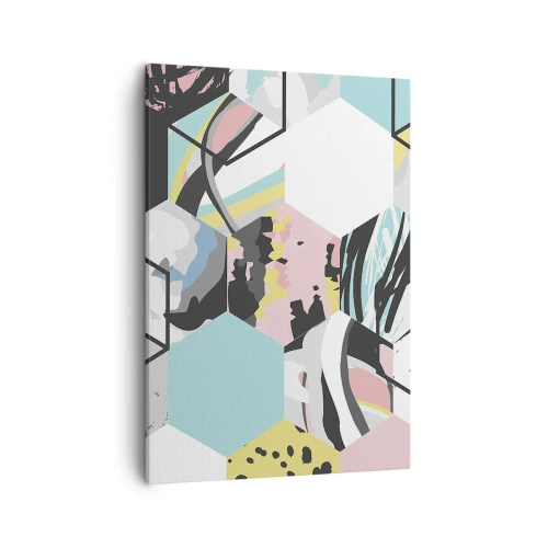 Obraz na płótnie - Nowoczesna kompozycja geometryczna z pastelowymi i czarnymi akcentami - 50x70cm - Sześciokąty i sześciany w sześciu barwach - Nowoczesna dekoracja ścienna do salonu, kuchni i sypialni ARTTOR