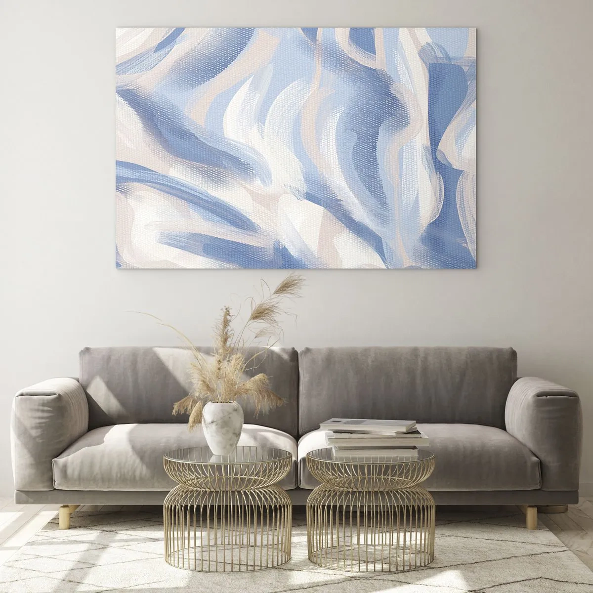 Obraz na szkle - Abstrakcyjne pociągnięcia w błękicie, bieli i beżu w falistej formie - 70x50cm - Błękitne falowanie - Nowoczesna dekoracja ścienna do salonu i sypialni ARTTOR