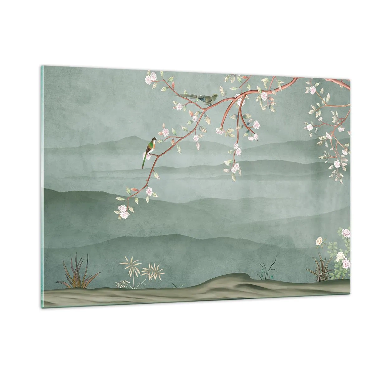Obraz na szkle - Gałązka z kwiatami i ptakami na tle zielonych wzgórz - 120x80cm - Wiosna, ach, to ty - Nowoczesna dekoracja ścienna do salonu, kuchni i sypialni ARTTOR