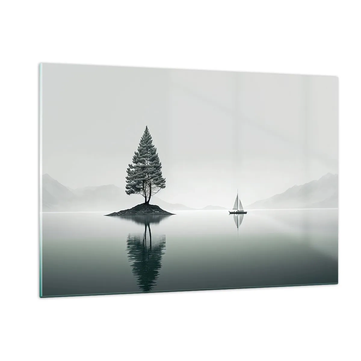 Obraz na szkle - Samotne drzewo na wysepce i żaglówka na spokojnym jeziorze - 120x80cm - Marzenie senne - Nowoczesna dekoracja ścienna do salonu, kuchni i sypialni ARTTOR